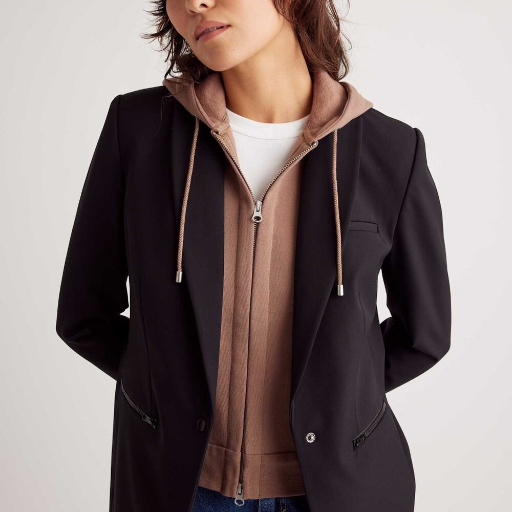 Quince Black Blazer with Taupe Hoodie Layered Look